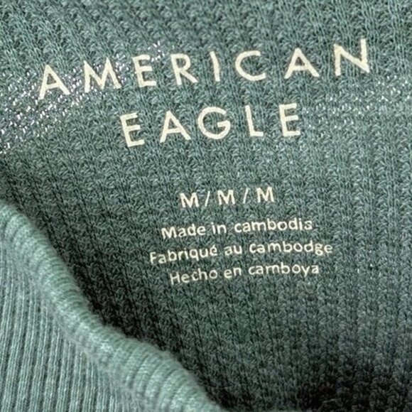 American Eagle Green Ribbed Long Sleeve Mock Neck Crop‎ Shirt Sz M Minimal Boho - Picture 3 of 7